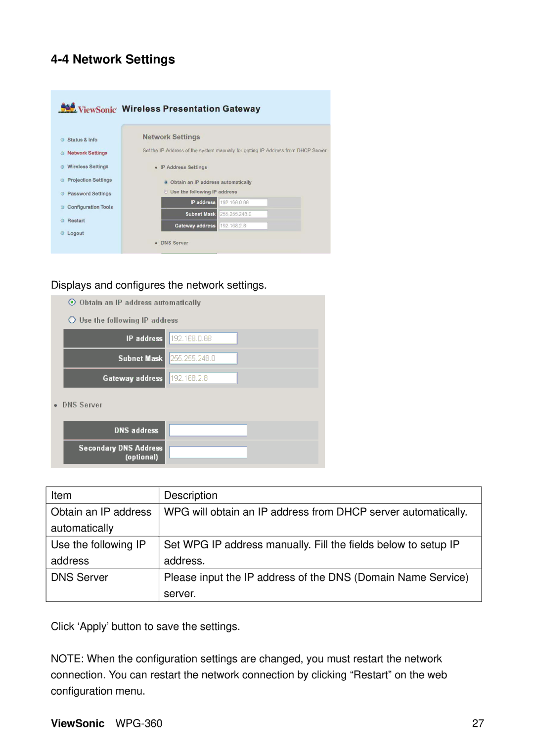 ViewSonic WPG-360 manual Network Settings 