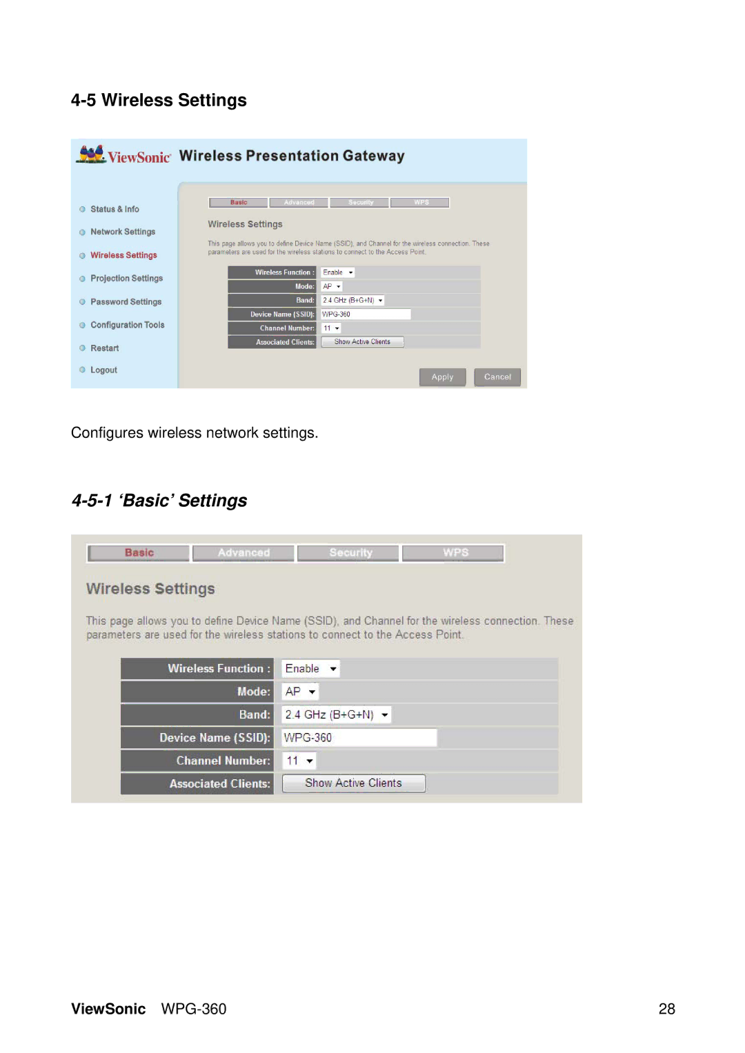 ViewSonic WPG-360 manual Wireless Settings, 1 ‘Basic’ Settings 