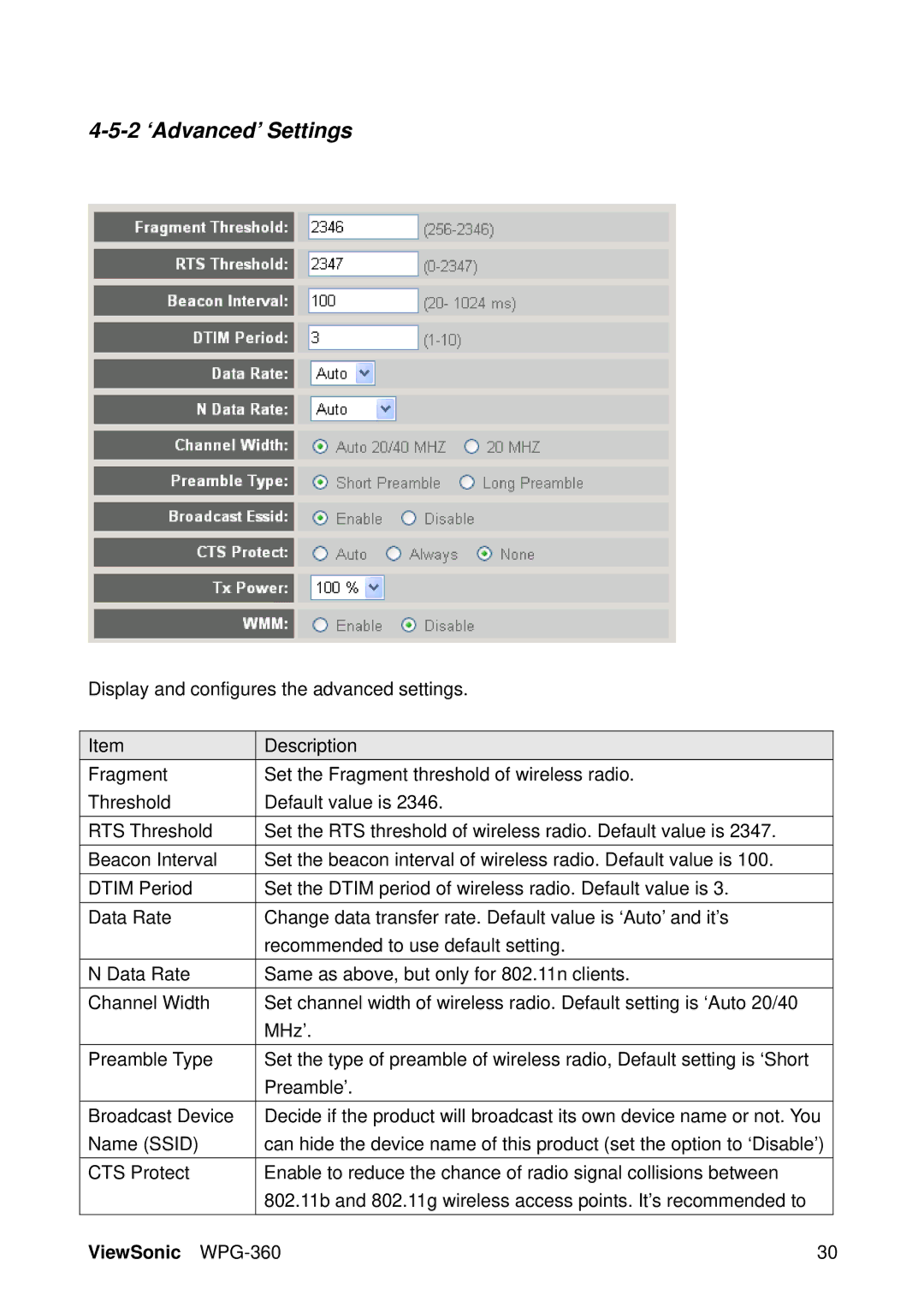 ViewSonic WPG-360 manual 2 ‘Advanced’ Settings 