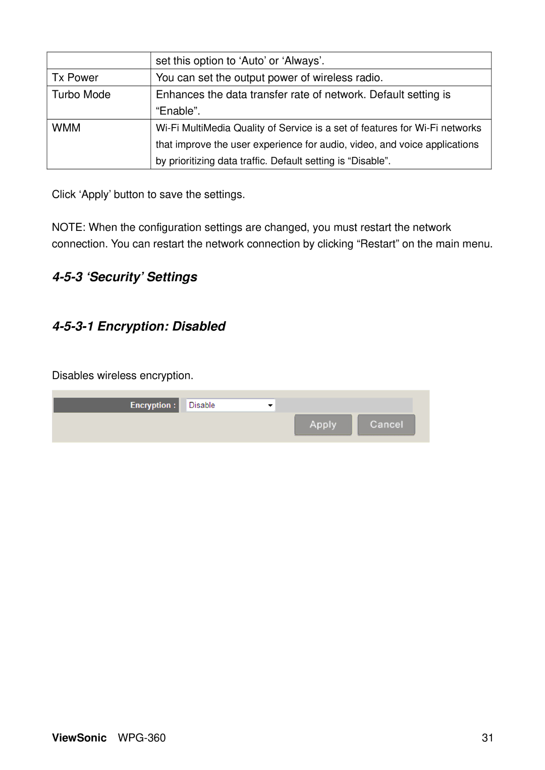 ViewSonic WPG-360 manual 3 ‘Security’ Settings Encryption Disabled, Wmm 