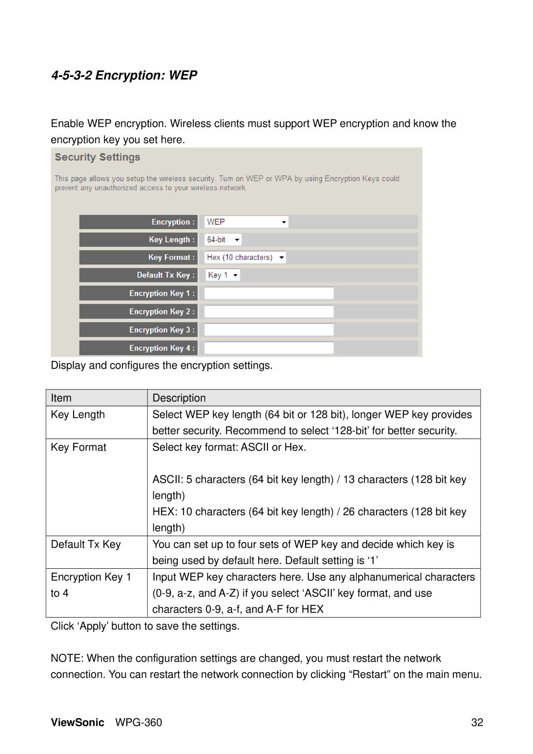 ViewSonic WPG-360 manual Encryption WEP 