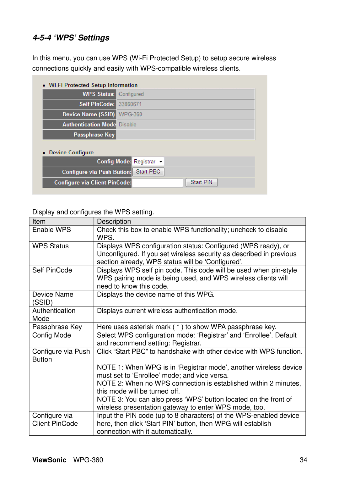 ViewSonic WPG-360 manual 4 ‘WPS’ Settings, Wps 