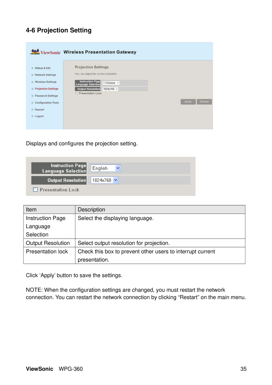 ViewSonic WPG-360 manual Projection Setting 