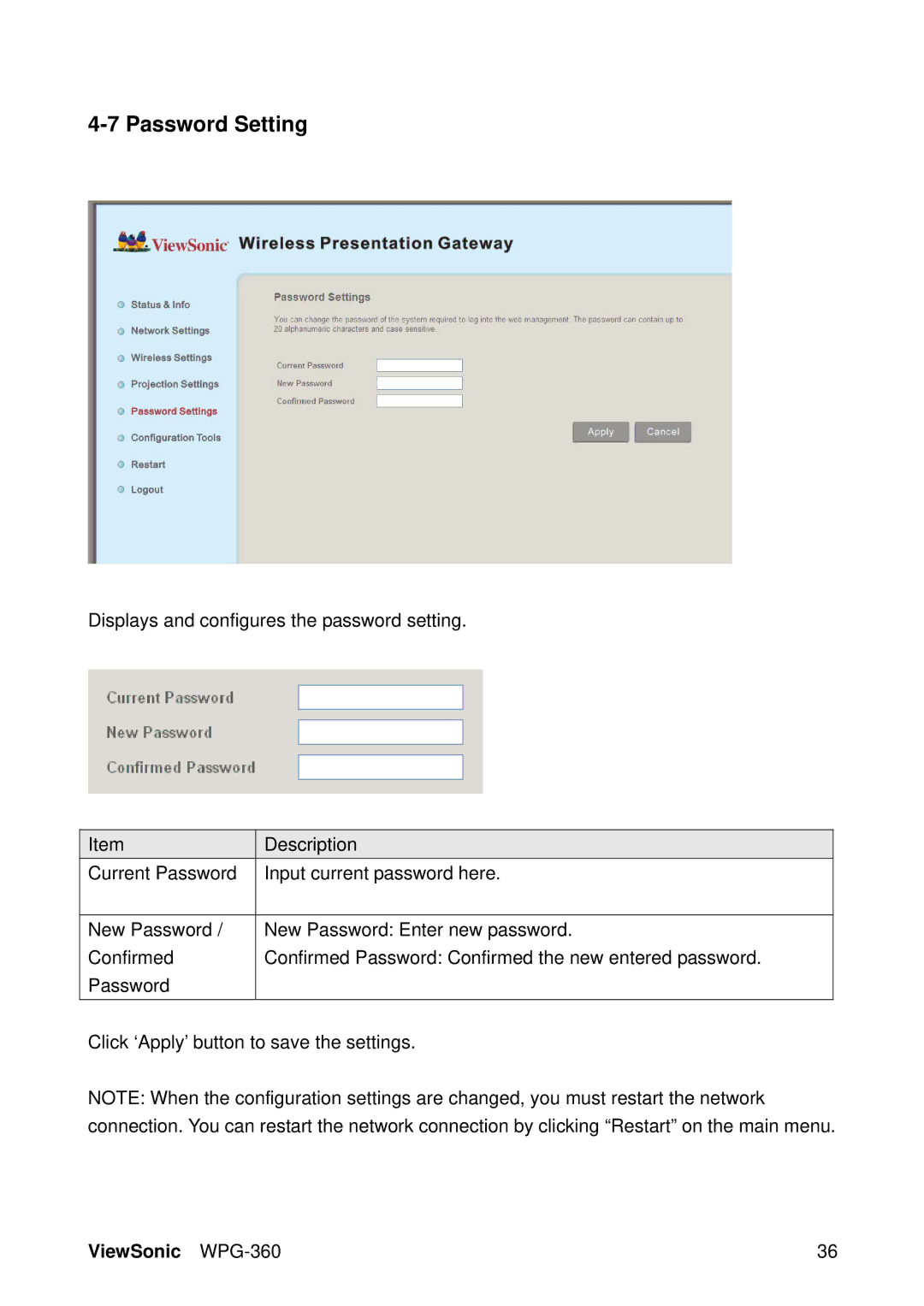 ViewSonic WPG-360 manual Password Setting 