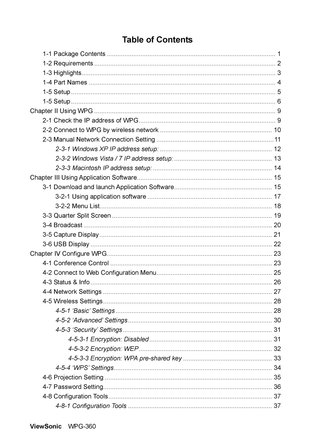 ViewSonic WPG-360 manual Table of Contents 