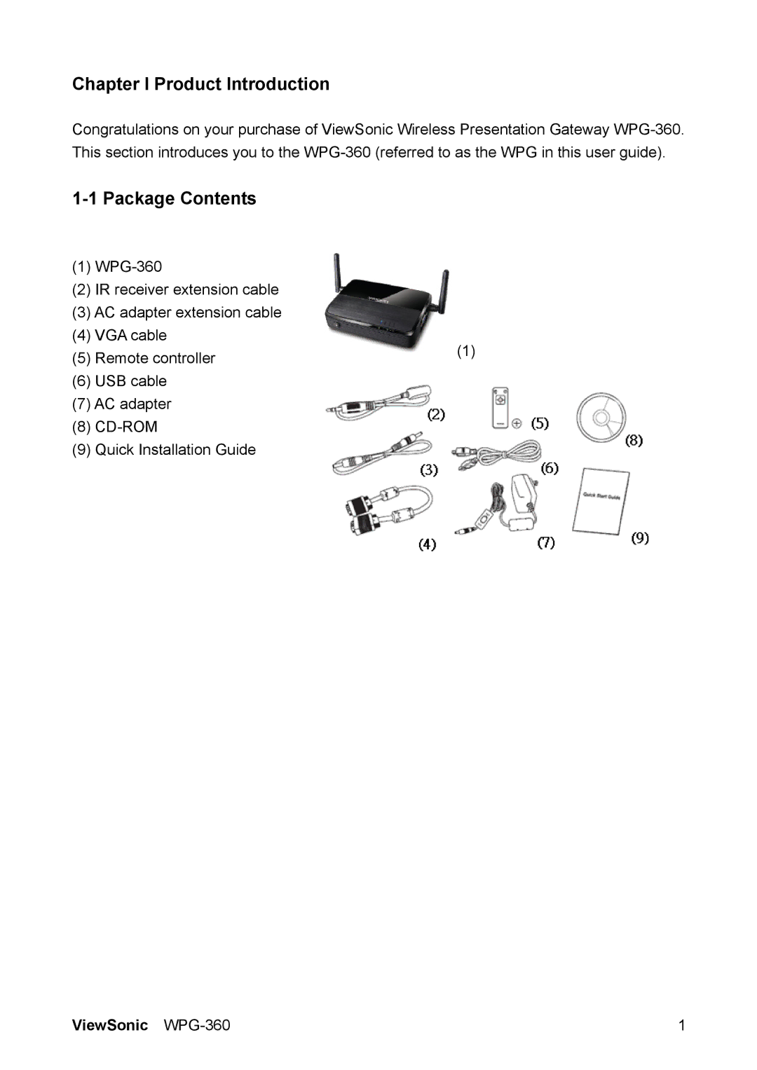 ViewSonic WPG-360 manual Chapter I Product Introduction, Package Contents 