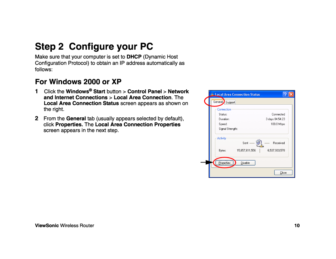 ViewSonic WR100 manual Configure your PC, For Windows 2000 or XP 