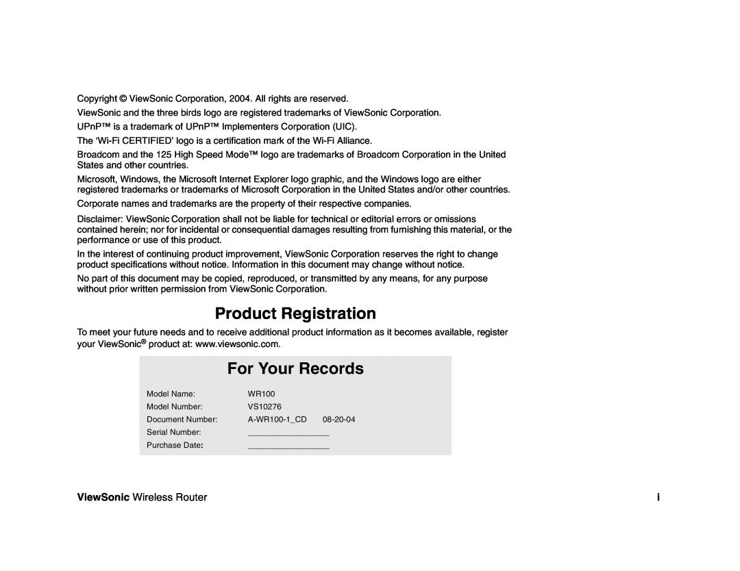 ViewSonic WR100 manual Product Registration, For Your Records, ViewSonic Wireless Router 