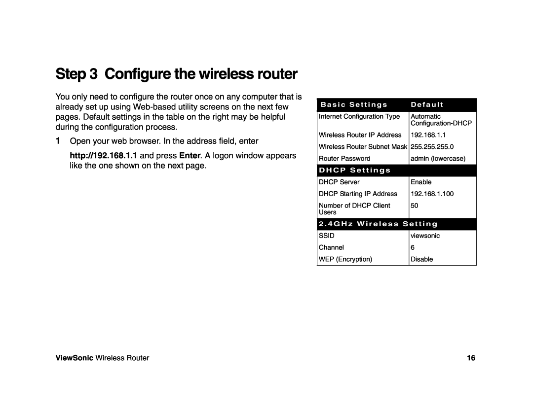 ViewSonic WR100 manual Configure the wireless router, DHCP Settings, 2 . 4GHz Wireless Setting 