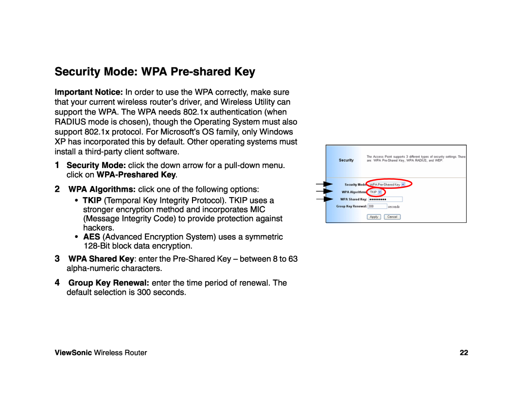 ViewSonic WR100 manual Security Mode WPA Pre-shared Key 