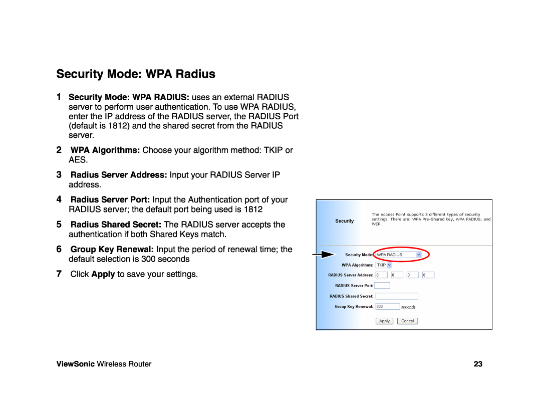 ViewSonic WR100 manual Security Mode WPA Radius 