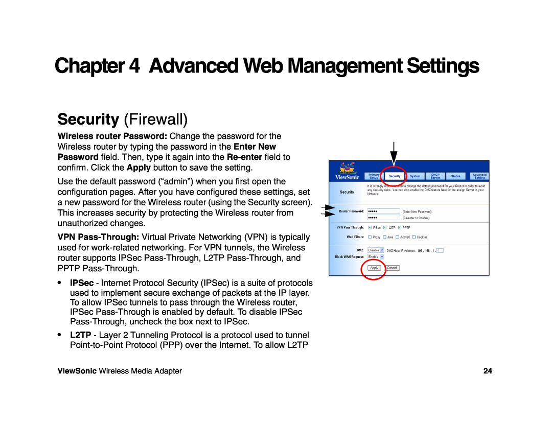 ViewSonic WR100 manual Advanced Web Management Settings, Security Firewall 