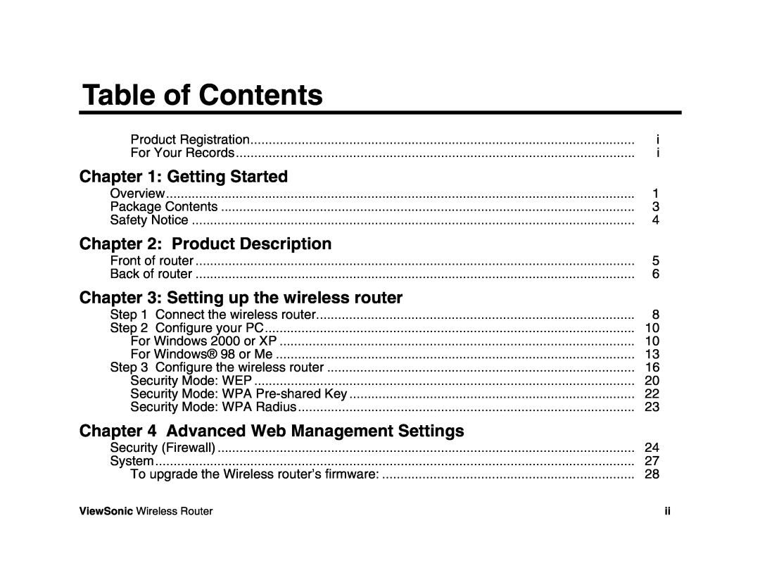 ViewSonic WR100 manual Table of Contents, Getting Started, Product Description, Setting up the wireless router 