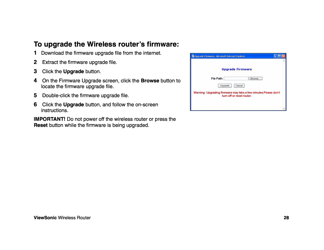ViewSonic WR100 manual To upgrade the Wireless router’s firmware 