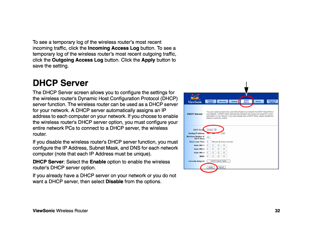 ViewSonic WR100 manual DHCP Server 