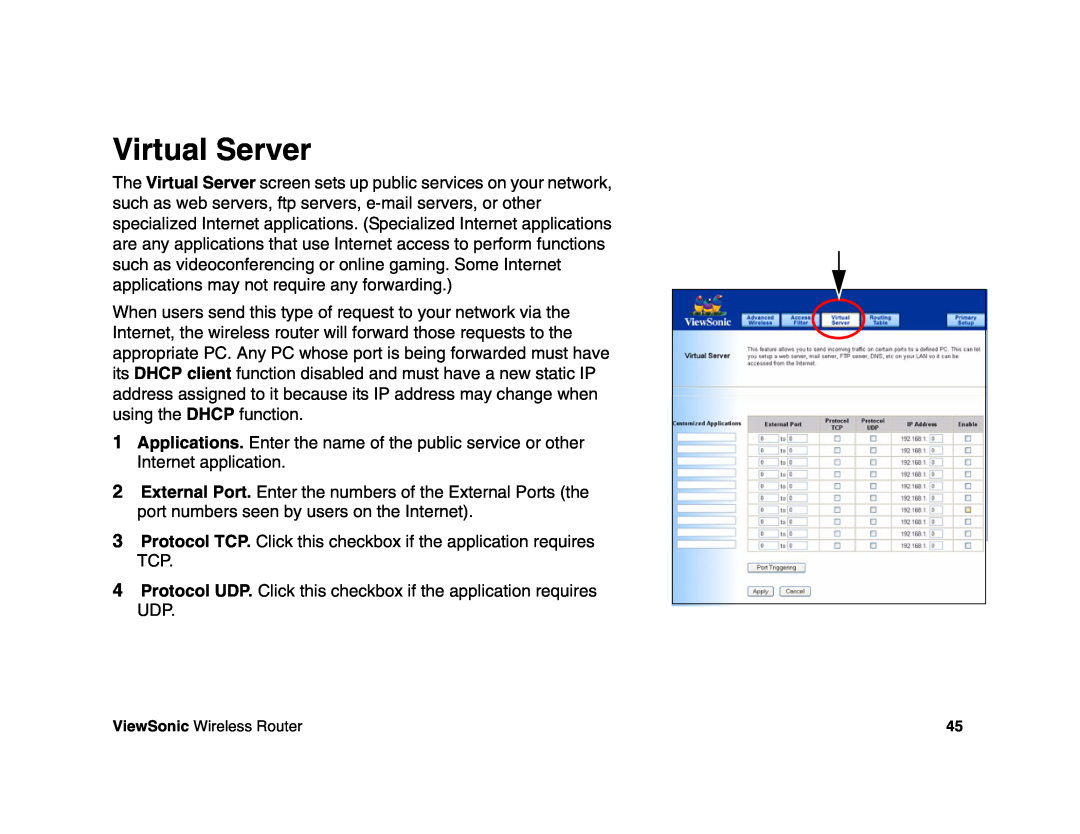 ViewSonic WR100 manual Virtual Server 