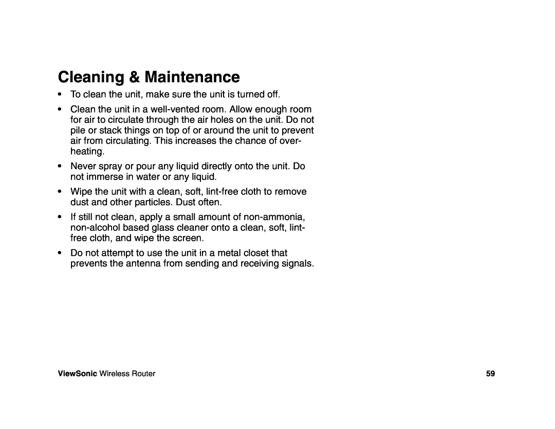 ViewSonic WR100 manual Cleaning & Maintenance 