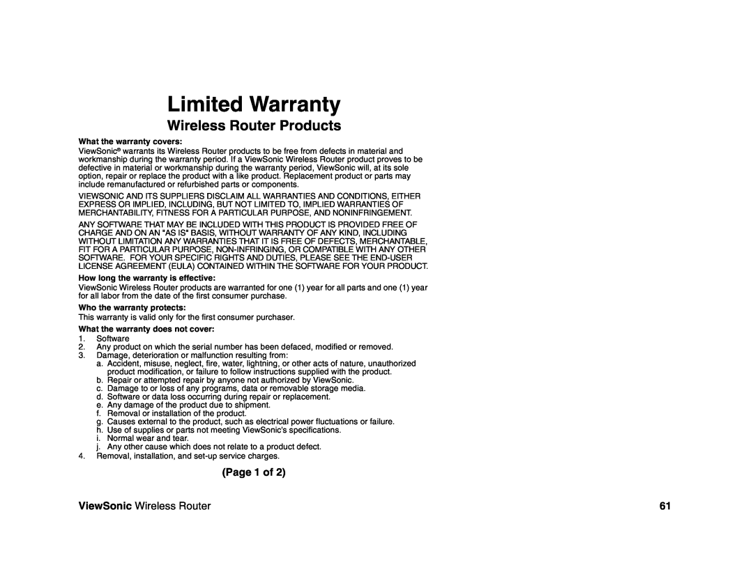 ViewSonic WR100 Limited Warranty, Wireless Router Products, Page 1 of, ViewSonic Wireless Router, What the warranty covers 