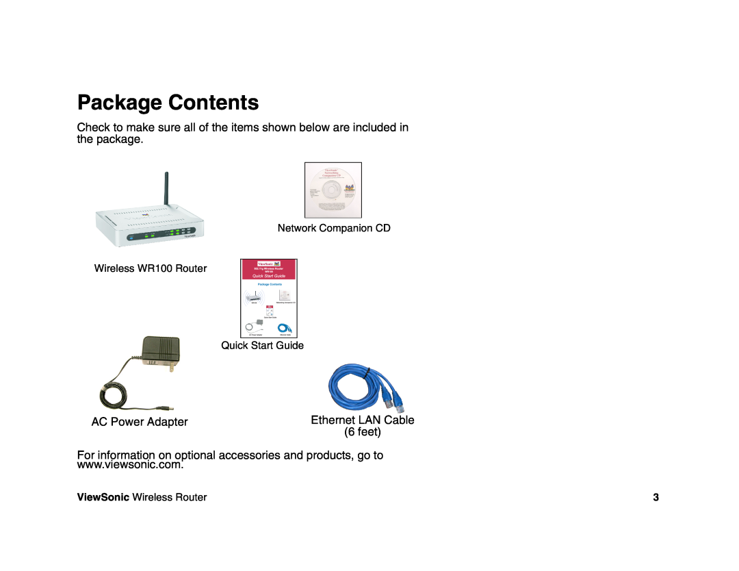 ViewSonic WR100 manual Package Contents, AC Power Adapter, Ethernet LAN Cable, feet, ViewSonic Wireless Router 