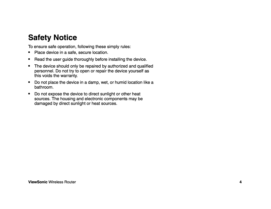 ViewSonic WR100 manual Safety Notice 