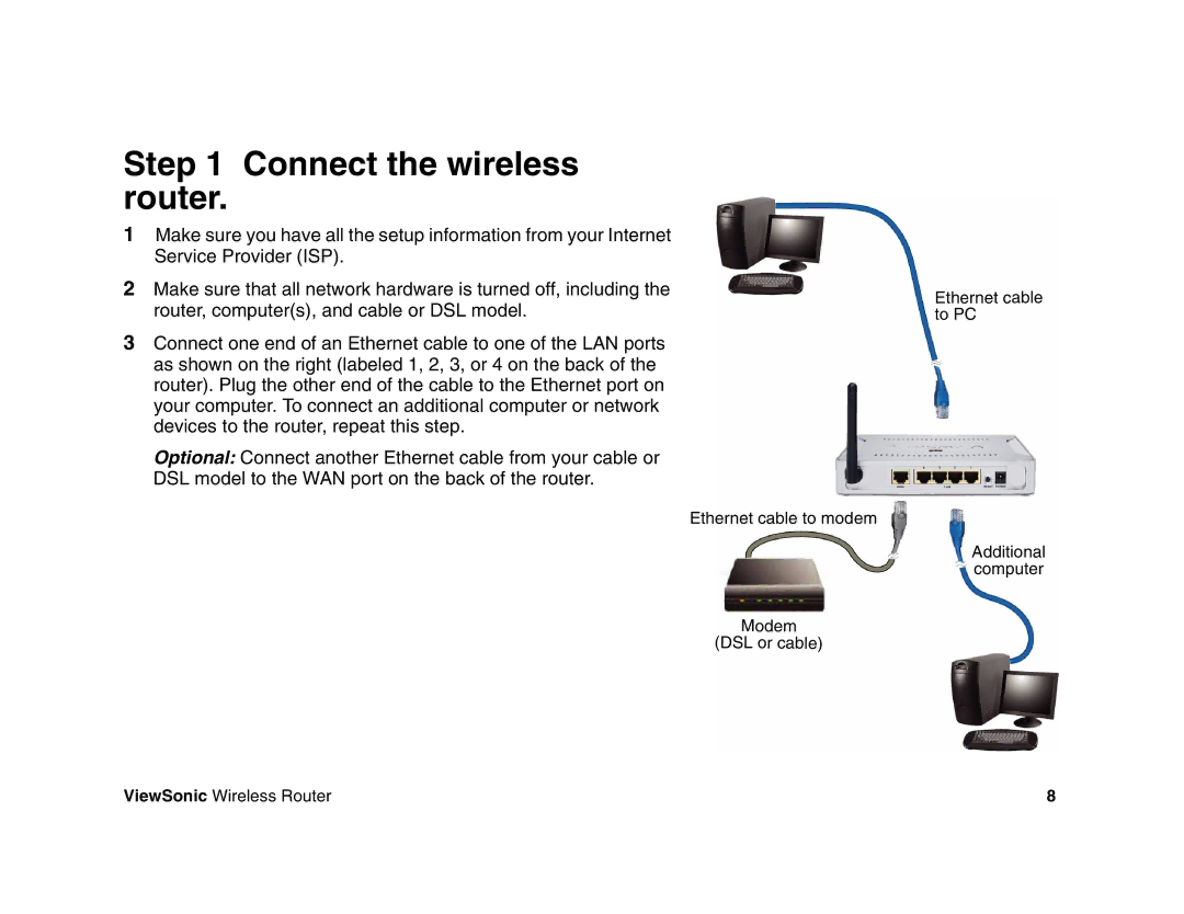 ViewSonic WR100 manual Connect the wireless router 