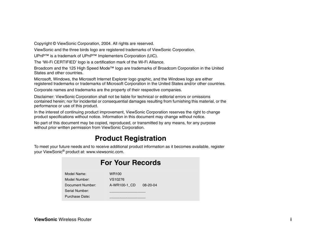 ViewSonic WR100 manual Product Registration For Your Records 