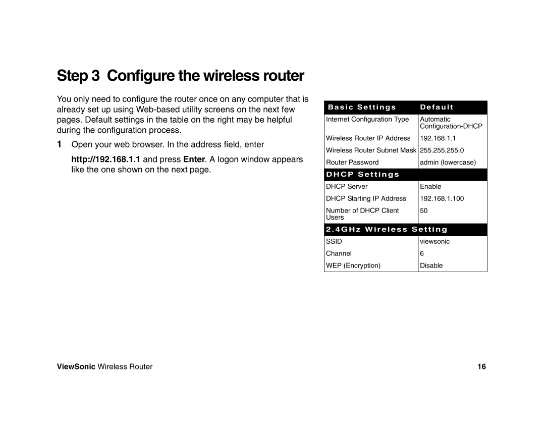 ViewSonic WR100 manual Configure the wireless router, Basic Settings Default 