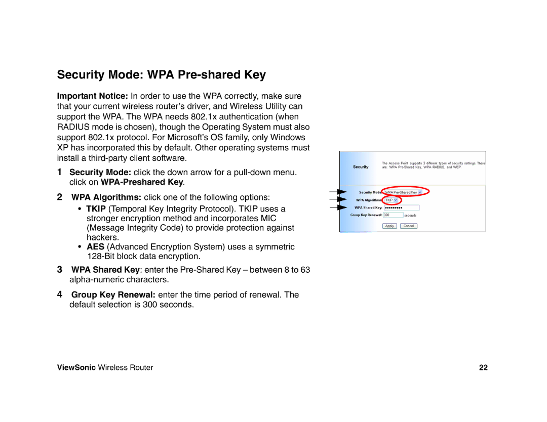 ViewSonic WR100 manual Security Mode WPA Pre-shared Key 