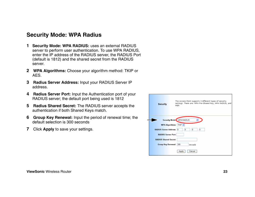 ViewSonic WR100 manual Security Mode WPA Radius 