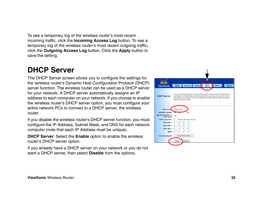 ViewSonic WR100 manual Dhcp Server 