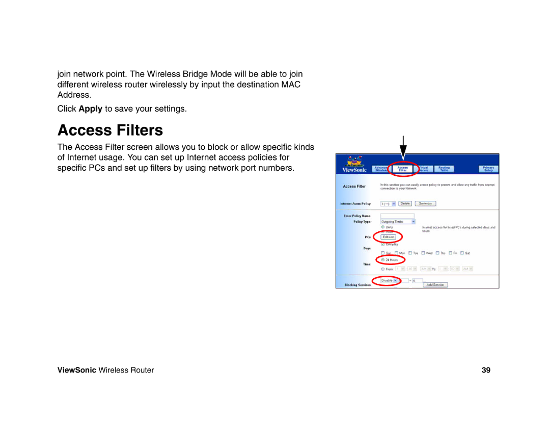 ViewSonic WR100 manual Access Filters 