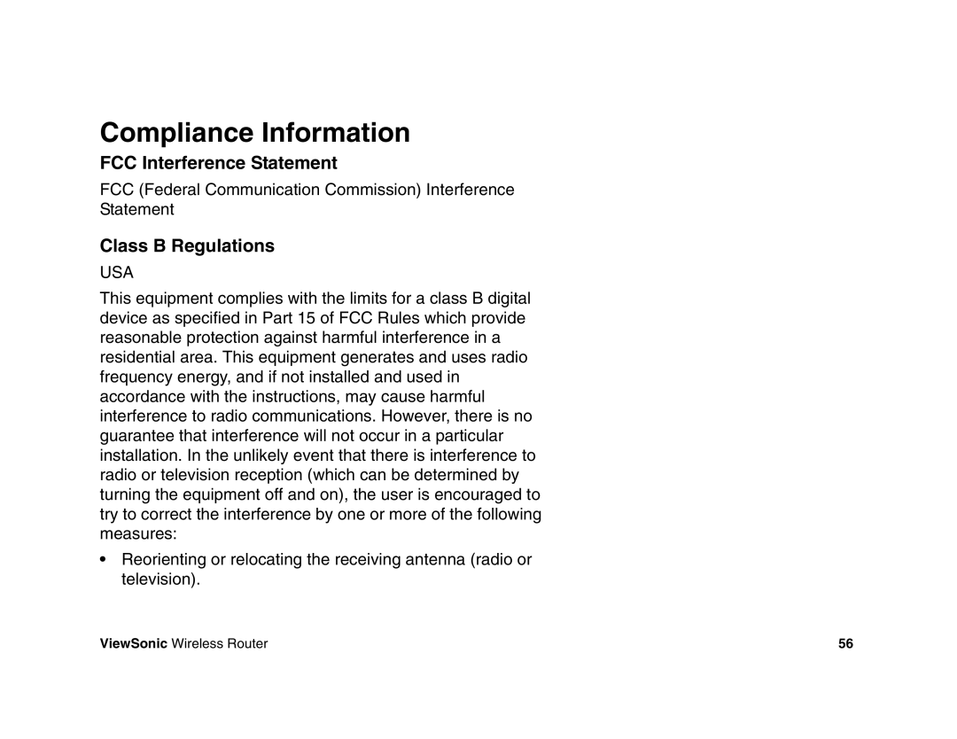 ViewSonic WR100 manual Compliance Information, Class B Regulations 