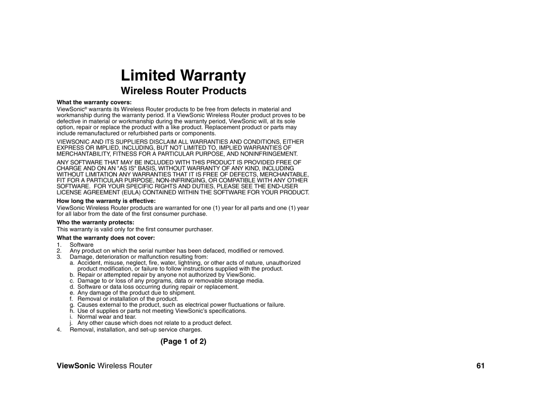 ViewSonic WR100 manual Limited Warranty, Wireless Router Products 