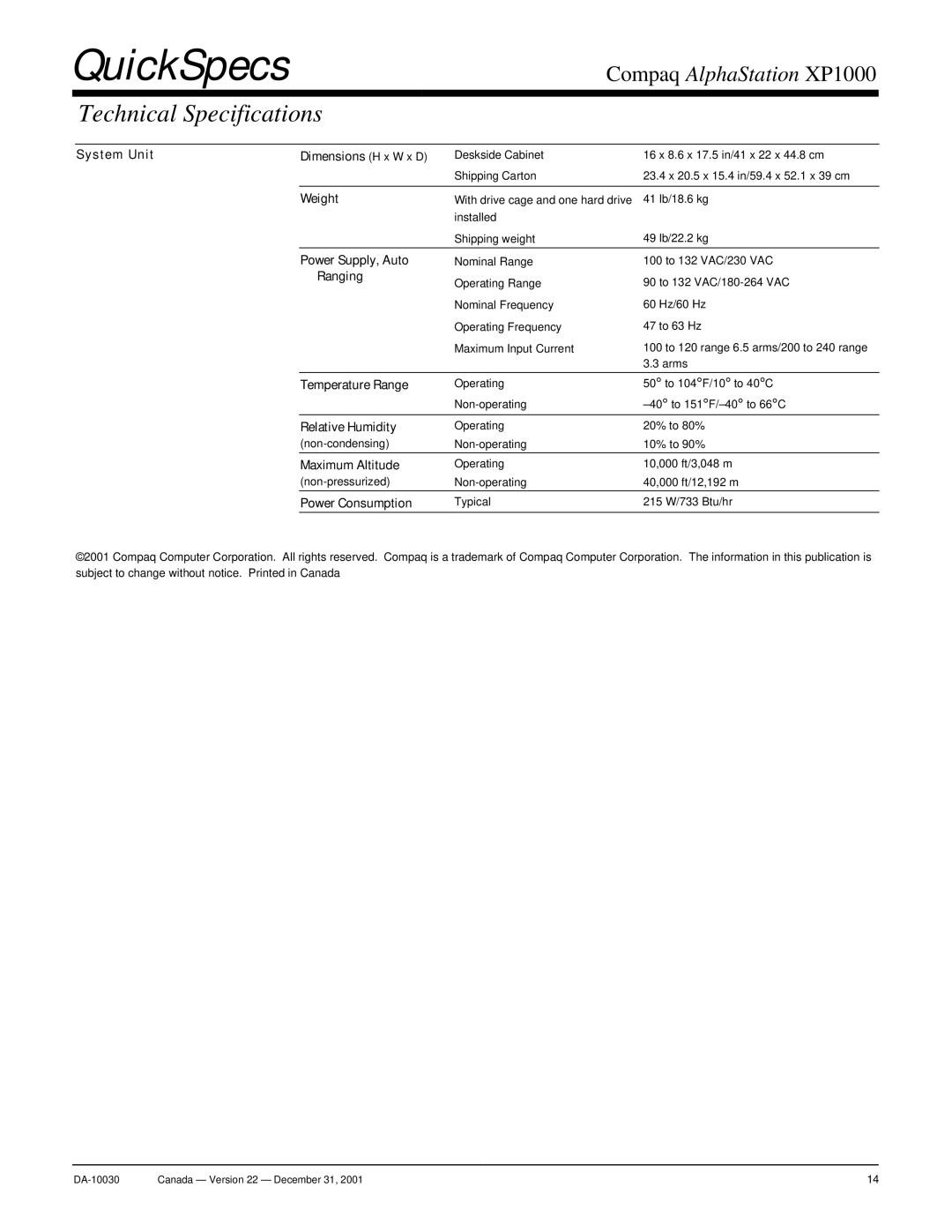 ViewSonic XP1000 warranty Technical Specifications 