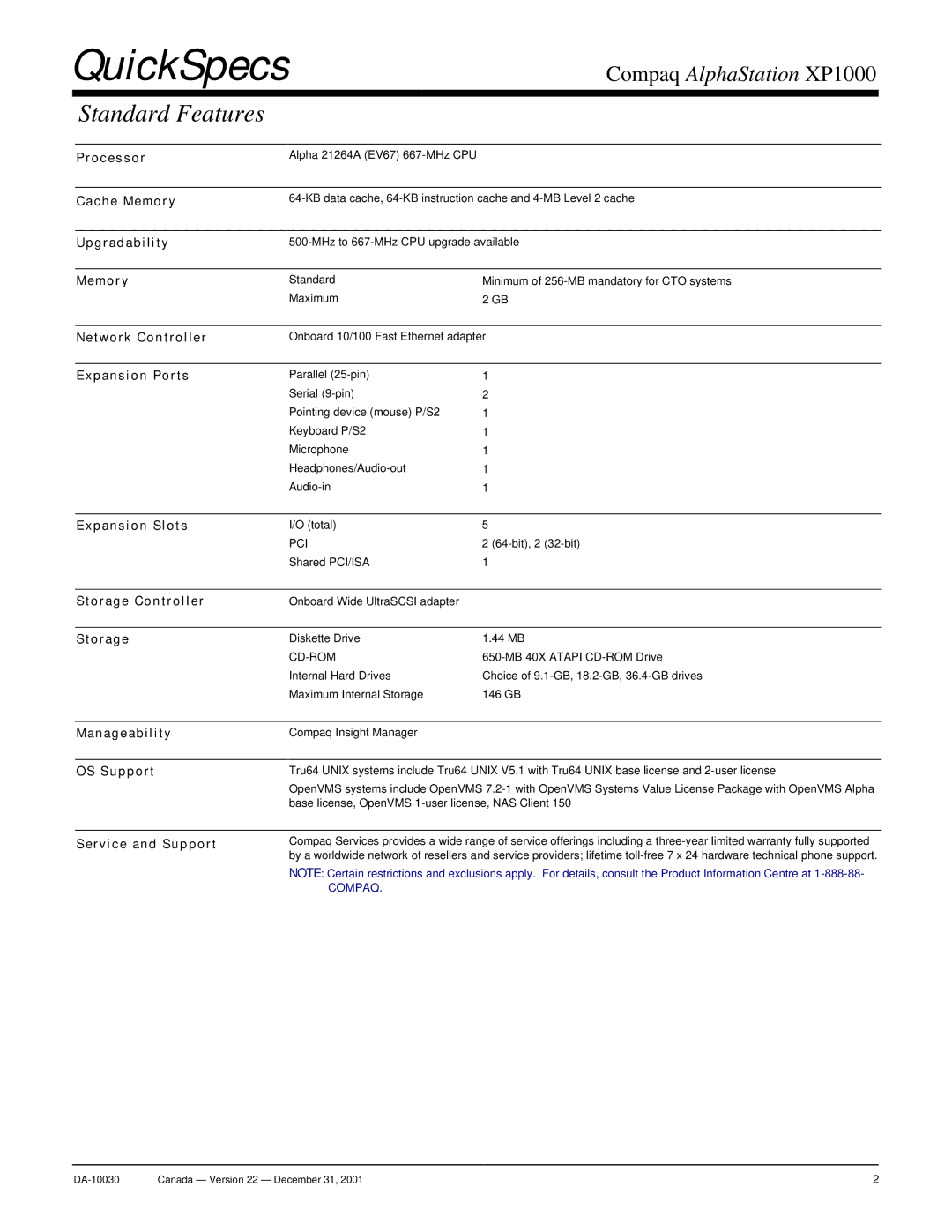 ViewSonic XP1000 warranty Standard Features 