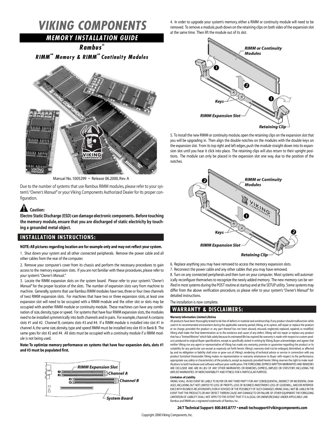 Viking 1005299 manual Viking Components, Memory Installation Guide, Rambus, RIMMsm Memory & RIMMsm Continuity Modules 