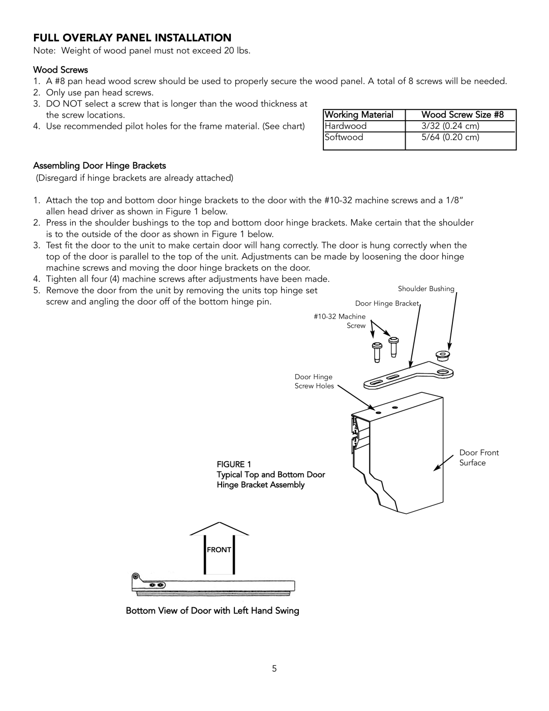 Viking 15 W installation instructions Full Overlay Panel Installation, Bottom View of Door with Left Hand Swing 