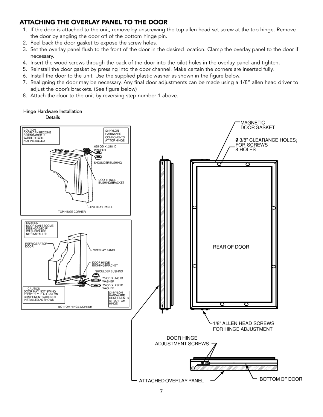 Viking 15 W installation instructions Attaching the Overlay Panel to the Door, Hinge Hardware Installation Details 