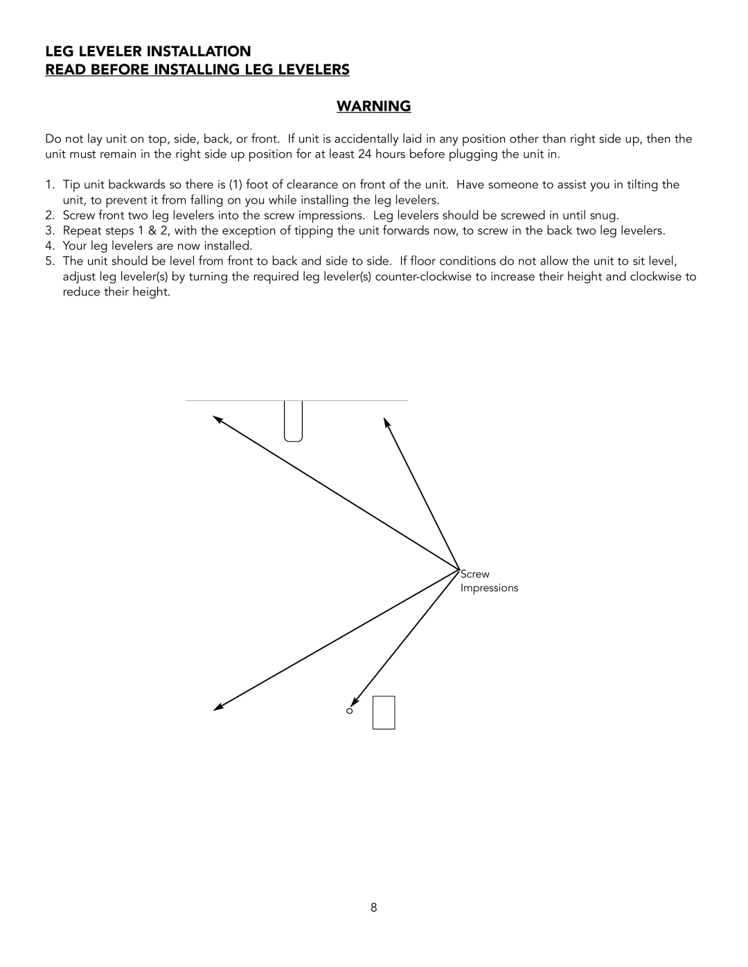 Viking 15 W installation instructions LEG Leveler Installation Read Before Installing LEG Levelers 