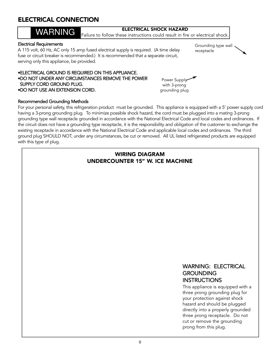 Viking 15" W installation instructions Electrical Connection, Wiring Diagram Undercounter 15 W. ICE Machine 