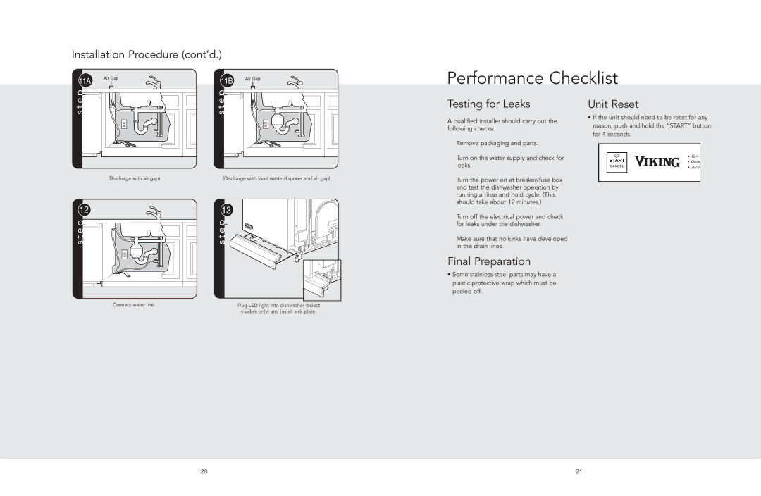 Viking 450E, 200, 325E manual Performance Checklist, Testing for Leaks, Final Preparation, Unit Reset 
