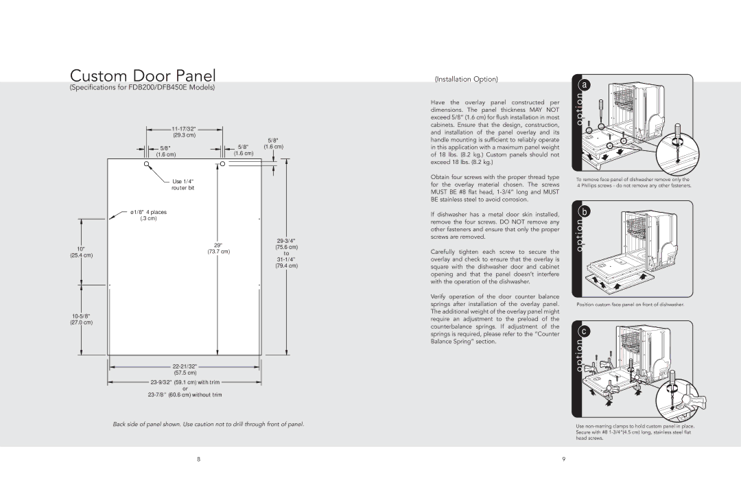 Viking 325E manual Custom Door Panel, Specifications for FDB200/DFB450E Models 