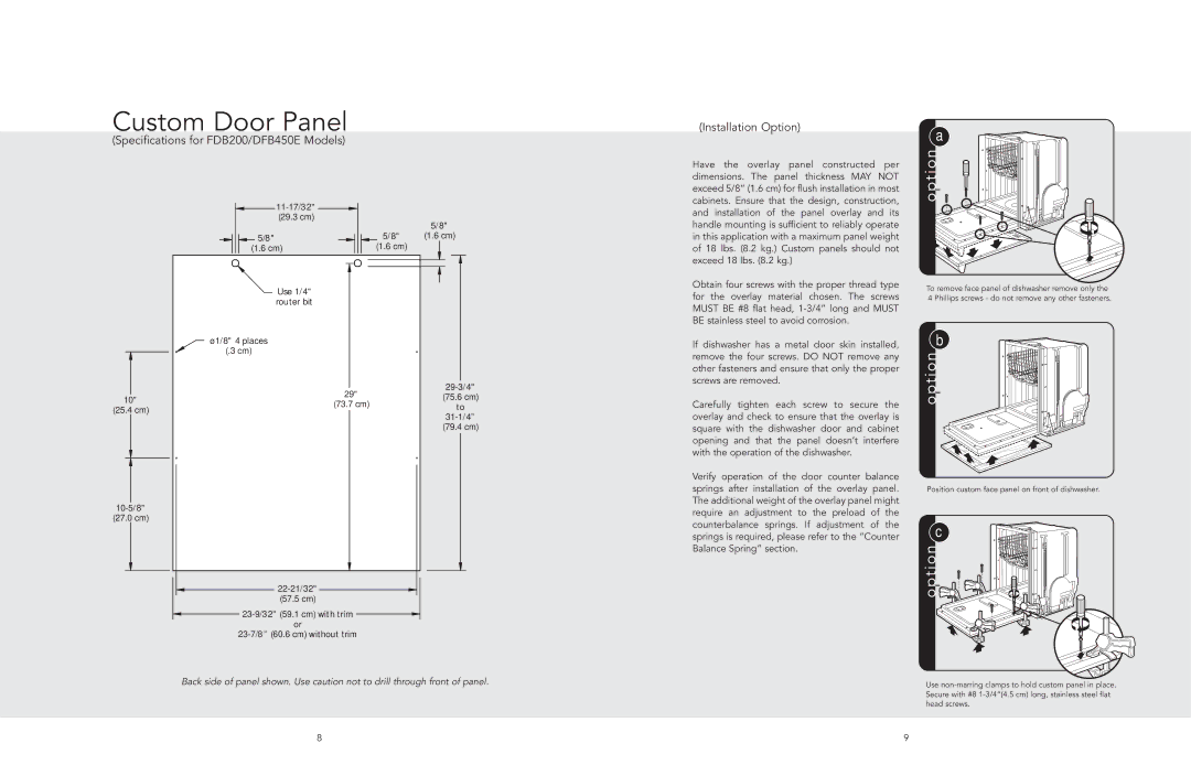 Viking manual Custom Door Panel, Specifications for FDB200/DFB450E Models 