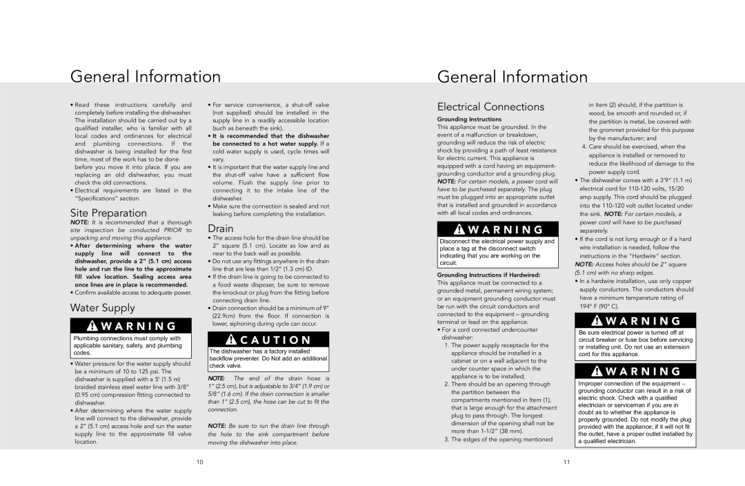 Viking 200 manual General Information, Site Preparation, Water Supply, Drain, Electrical Connections 