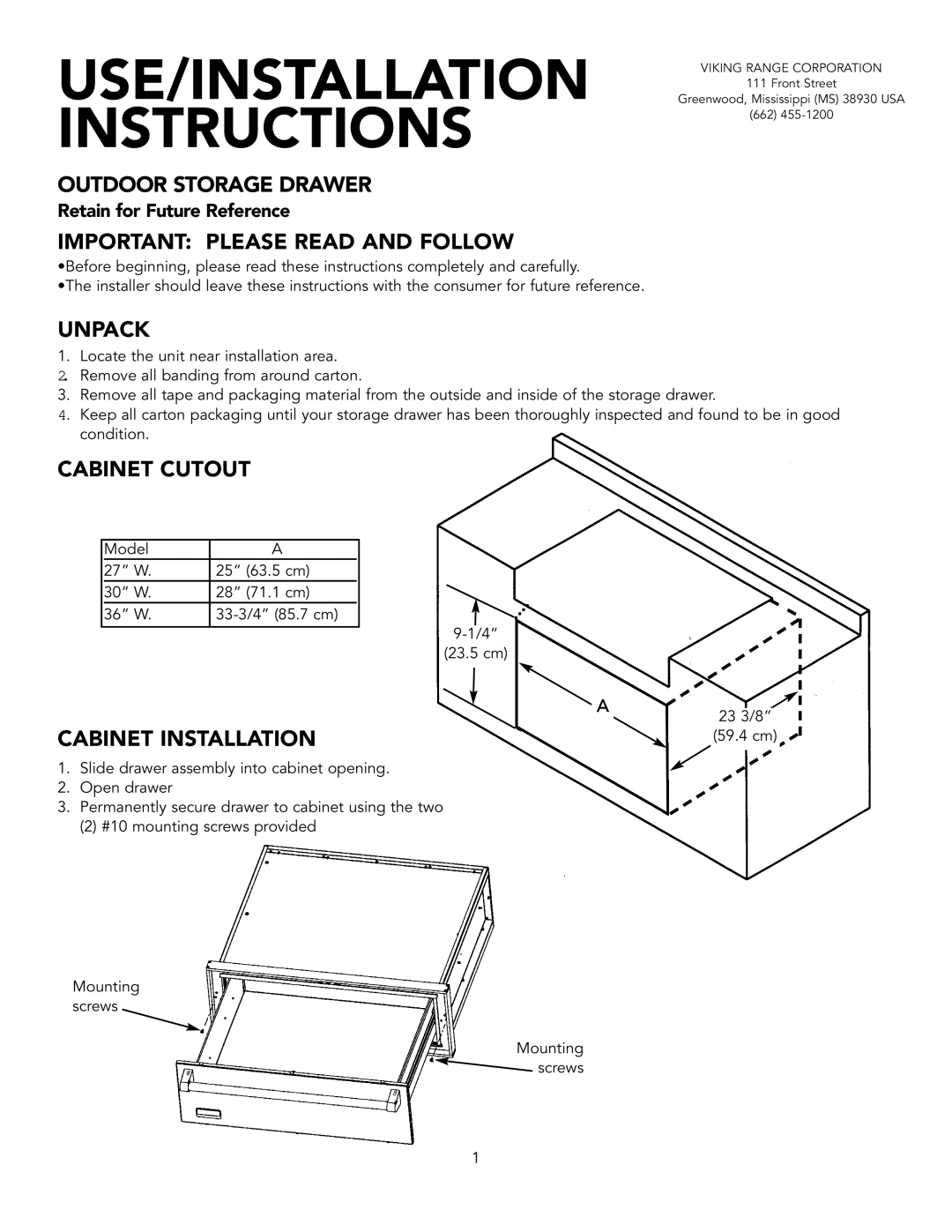 Viking 36-inch W, 27-inch W installation instructions Outdoor Storage Drawer, Important Please Read and Follow, Unpack 