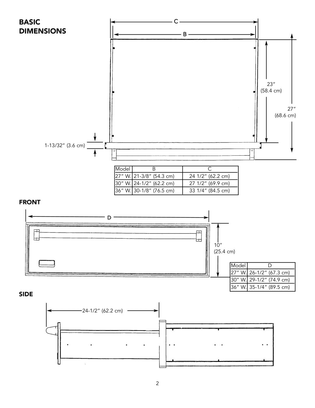 Viking 30-inch W, 27-inch W, 36-inch W installation instructions Basic Dimensions, Front, Side 