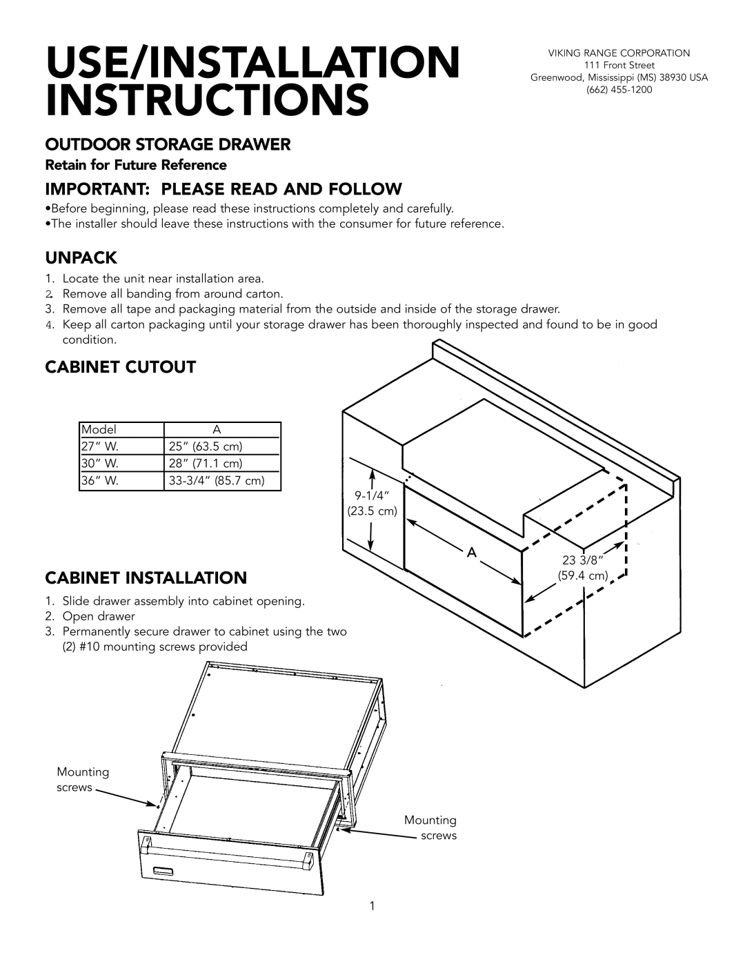 Viking 36-inch W, 27-inch W installation instructions Outdoor Storage Drawer, Important Please Read And Follow, Unpack 