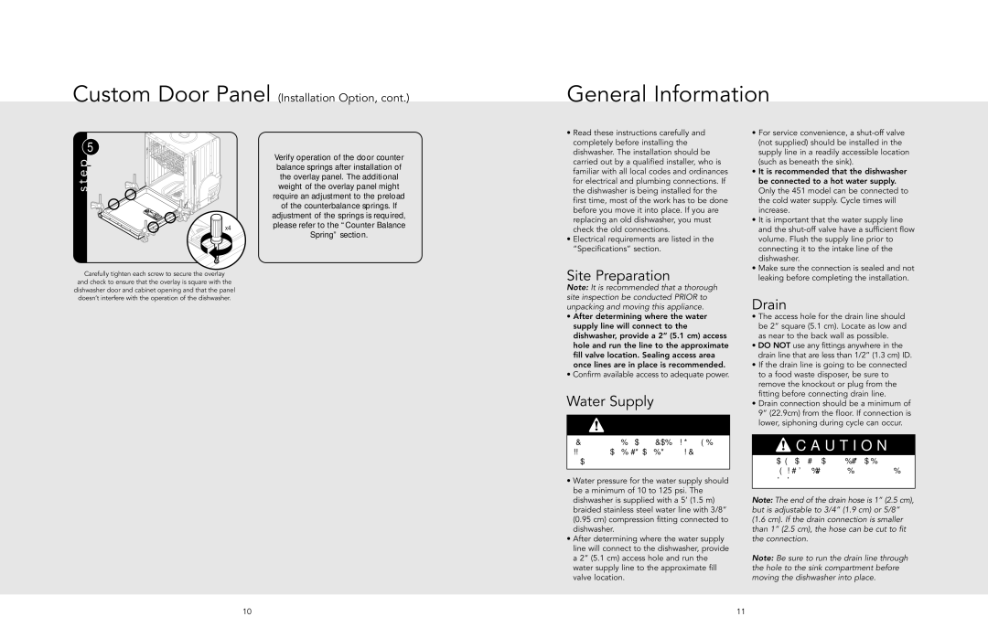 Viking 301 General Information, Site Preparation, Water Supply, Drain, Carefully tighten each screw to secure the overlay 