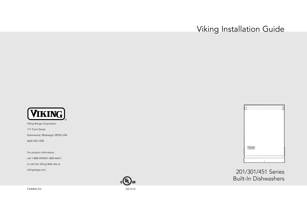 Viking manual Viking Installation Guide, 201/301/451 Series Built-In Dishwashers 