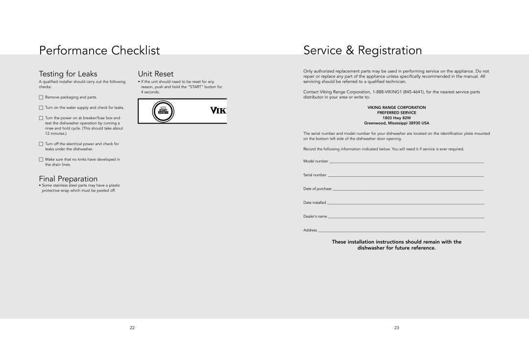 Viking 301, 201 manual Performance Checklist, Service & Registration, Testing for Leaks, Unit Reset, Final Preparation 